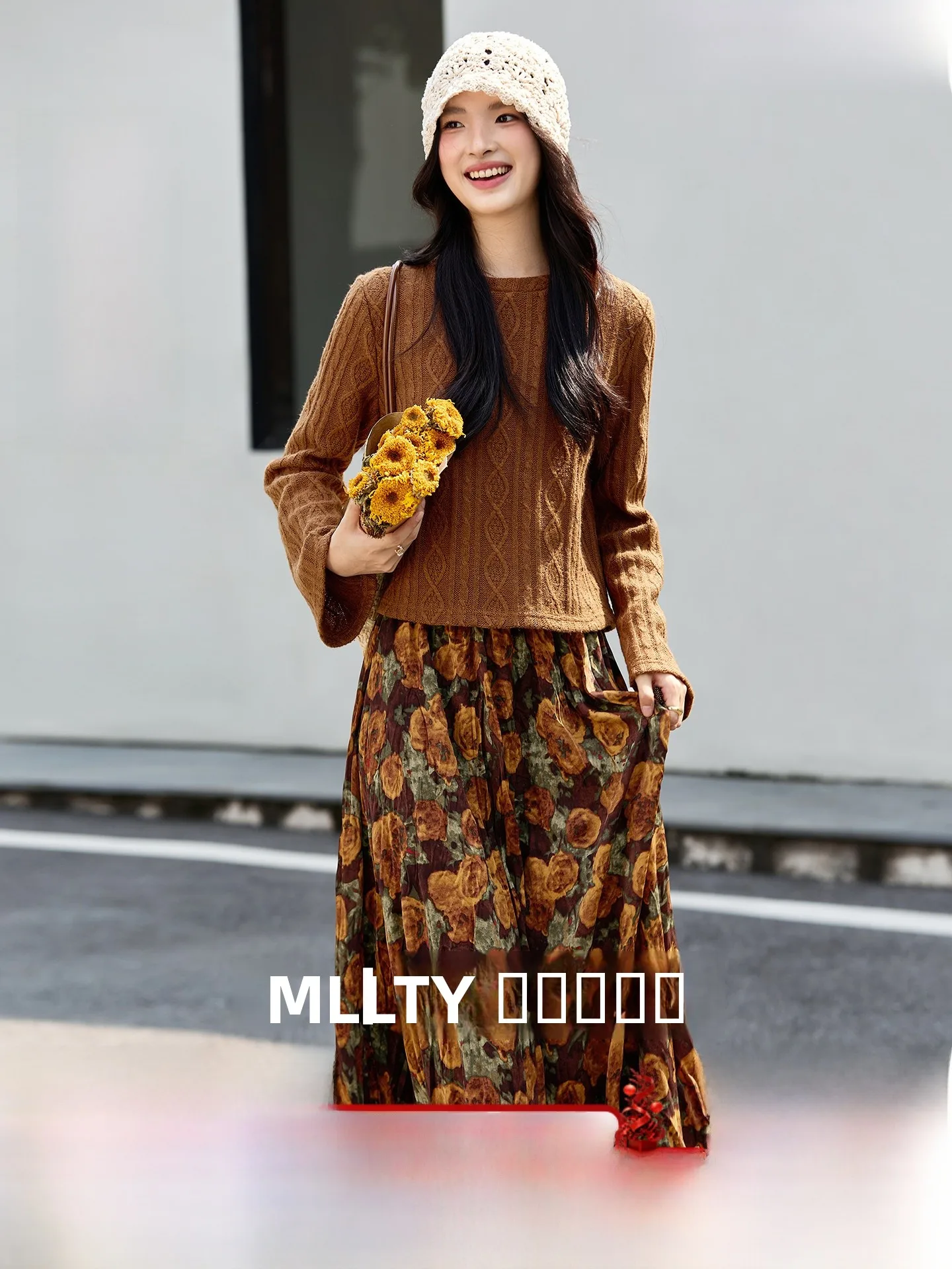 Ce Au Lait Strickset für Damen mit ausgestellten Ärmeln und plissiertem Blumenrock, zweiteiliges elegantes Herbst-Outfit