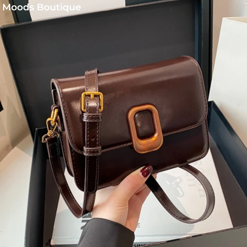 MOODS Flap Shape Shoulder Crossbody Bags For Women Dual Straps Pure Color Mini Square Messenger Bag 2024 Retro Designer Handbags