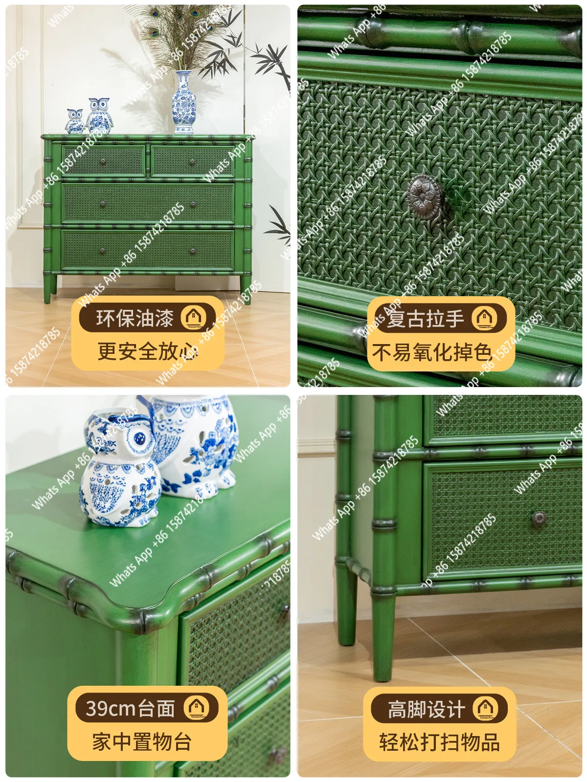 Pastoral green chest of drawers retro-style entrance bamboo cabinet four-drawer large-capacity retractable household decoration
