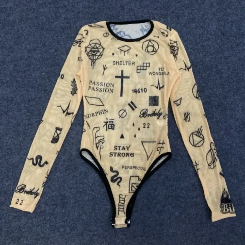 

Sexy Summer Various Pattern Printed Round Neck See Perspective Long Sleeved Slim Fitting Bodysuit European American Women's