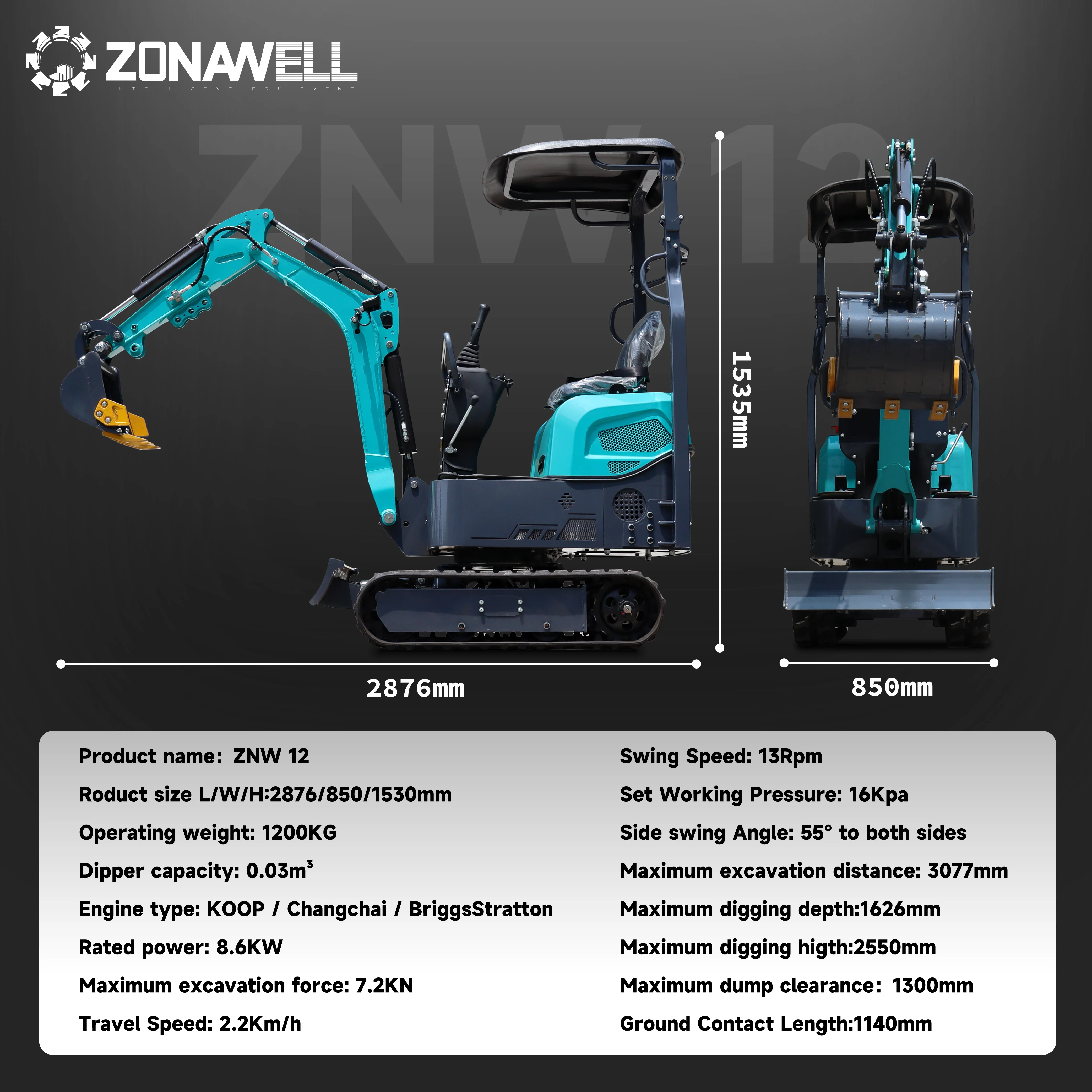 Kompakter ZONAWELL ZNW 12 Minibagger, 1200 kg, ausgestattet mit verschiedenen Hilfsgeräten für den Einsatz in mehreren Industrie