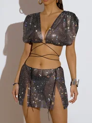 Sparkly Rhinestone Rave Festival Outfits Women Deep V Neck Backless Crop Top With See Through Side Split Mini Skirt 2 Piece Set