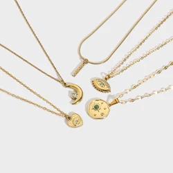 Dainty Cubic Zirconia Green Natural Stone Star Heart Evil Eyes Moon Pendant Necklace Stainless Steel Waterproof Jewelry Gift