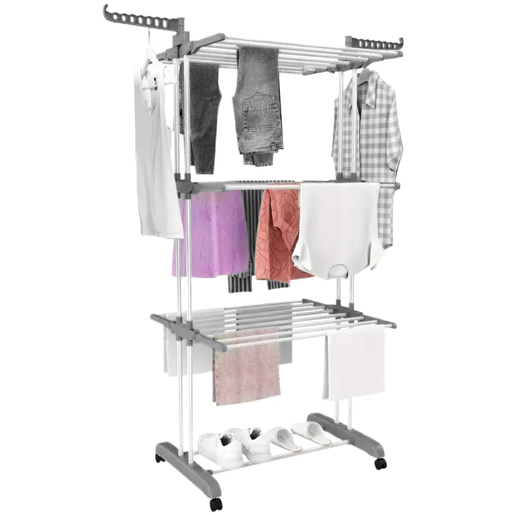 4 Tiers Metal Clothes Drying Rack Rectangular Folding Rolling Dryer Hanger Free Stand Laundry Organizer