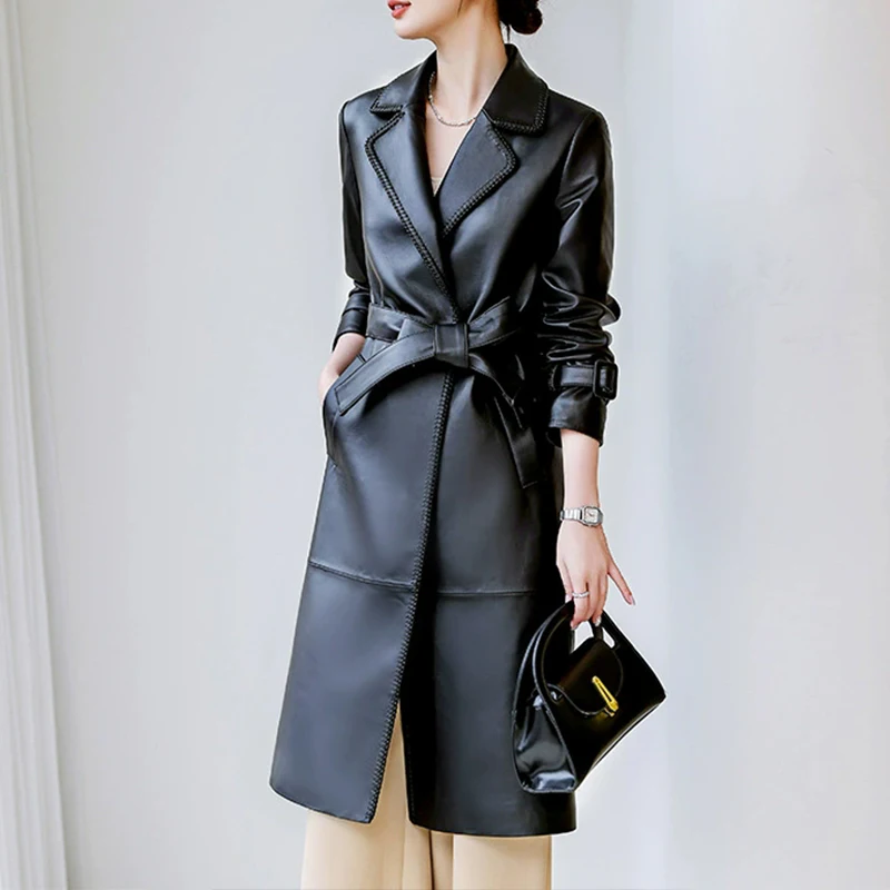 M-3XL Trench in pelle di pecora di livello A da donna alla moda caffè 2025 Autunno Nuovo Trench lungo con lacci Blet da donna in vera pelle
