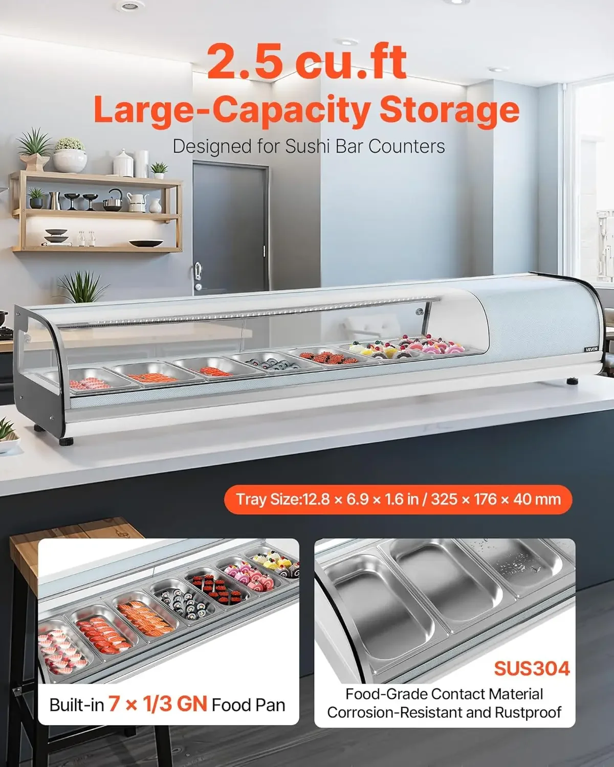 Sushi Display Case Refrigerator, 2.5 Cu.ft Commercial Sushi Case, 7-Pan Countertop Showcase with Curved Glass, LED Lighting, and