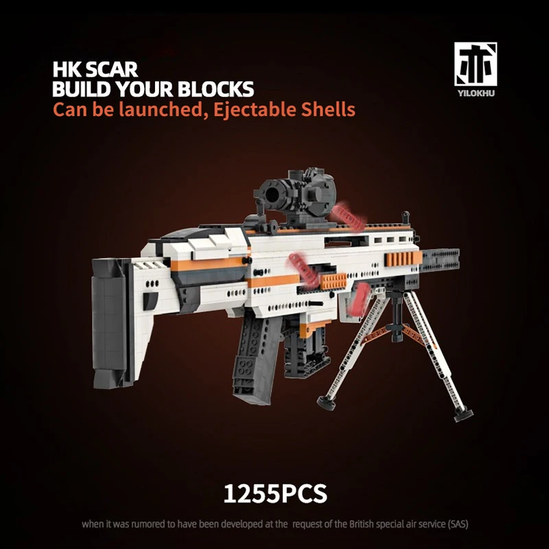 1255PCS Technical HK SCAR Assault Rifle Building Blocks Shootable Assemble Bricks Gun with Ejecting Shells Toy Gift For Adult