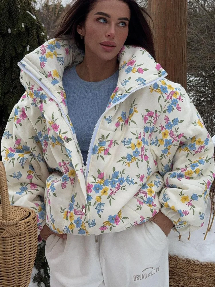 

Zipper Puff Floral Print Cotton Jacket Women Casual Full Sleeve Lapel Pocket Loose Warm Coat Lady Winter Highstreet Commute Wear