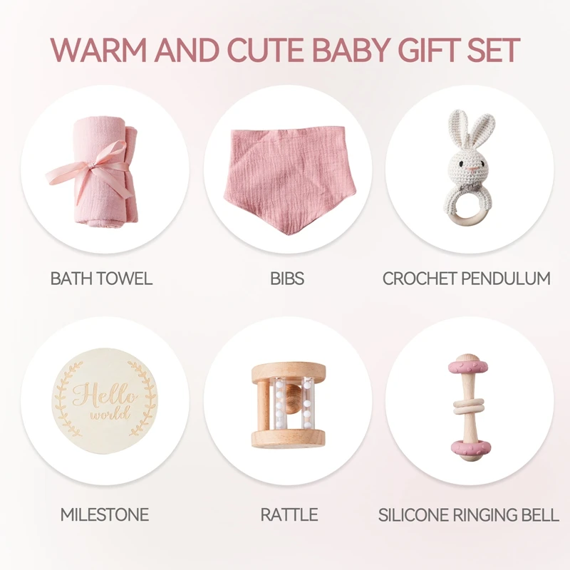 Newborn Baby Gift Box Bath Toy Set Crochet Bunny Rattle Blanket Hello World Sign Baby Shower Gift for Infant Girls Rattle Toy view 4