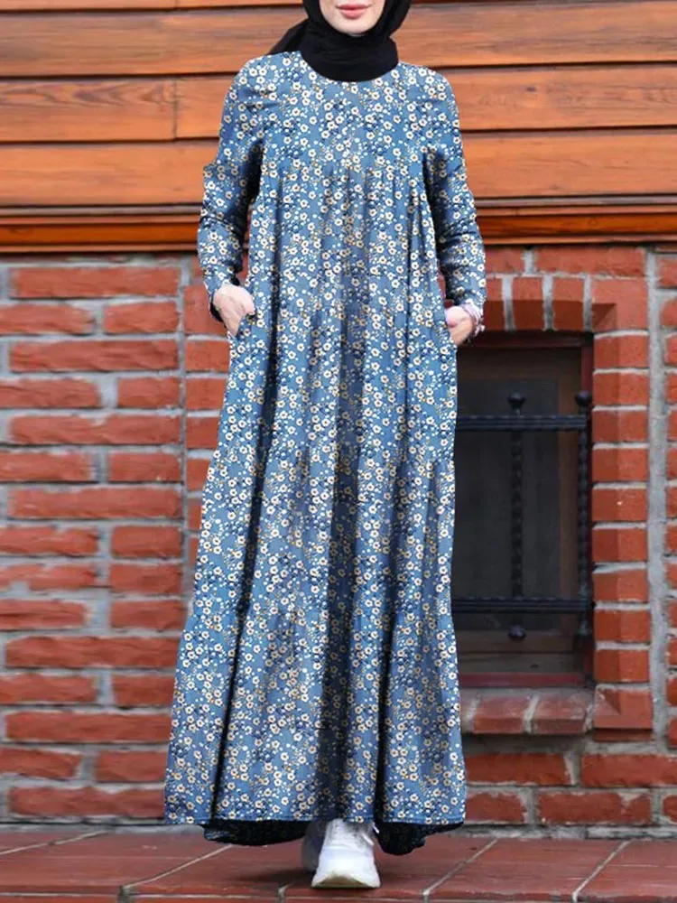 ZANZEA Retro Dubai Abaya Turkey Hijab Dress Women Vintage Floral Printed Maxi Sundress Summer Long Sleeve Kaftan Muslim Vestido