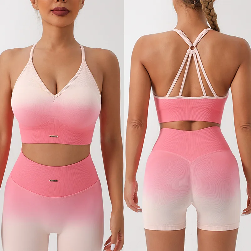 Yoga Suit, Gym Suit, High Elastic and Quick-drying Brocade Spandex Peach Hip Lift 3 Pants, Workout Set