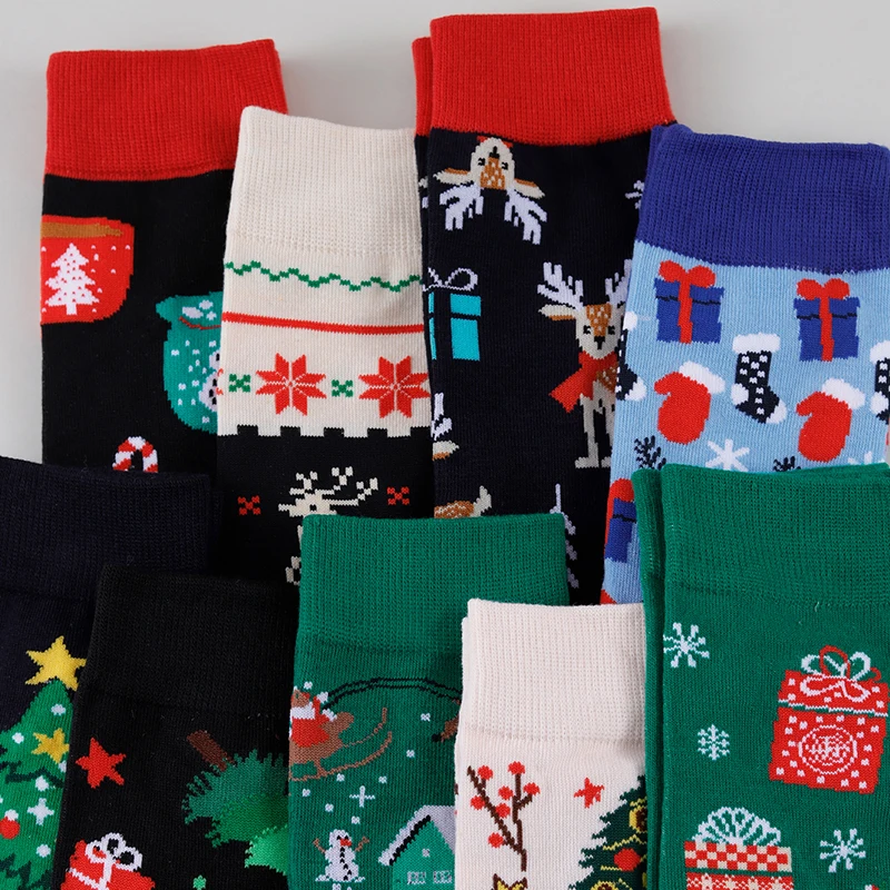 1/3/5 Pairs Random Women Christmas Element Cartoon Patterns Comfortable Breathable Mid‑Calf Socks