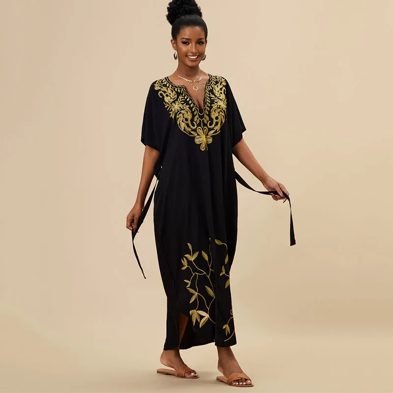 Golden Embroideried Long Kaftan Bikini Cover-ups Sexy V-neck Half Sleeve Maxi Dress Tunic Women Beach Wear Swim Suit Cover Up