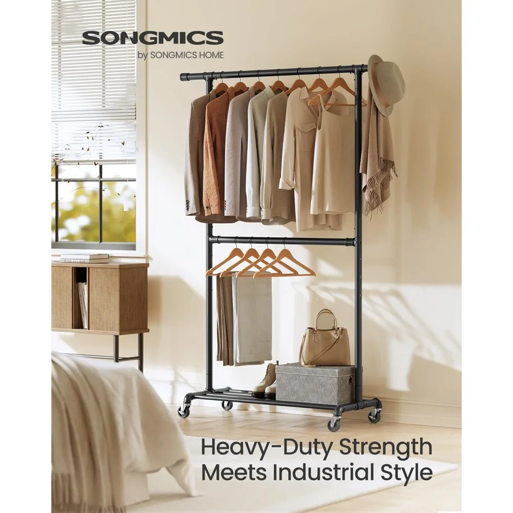 

Heavy-Duty Clothes Rack, Double-Rod Clothing Rack for Hanging Clothes, Industrial Garment Rack on Wheels
