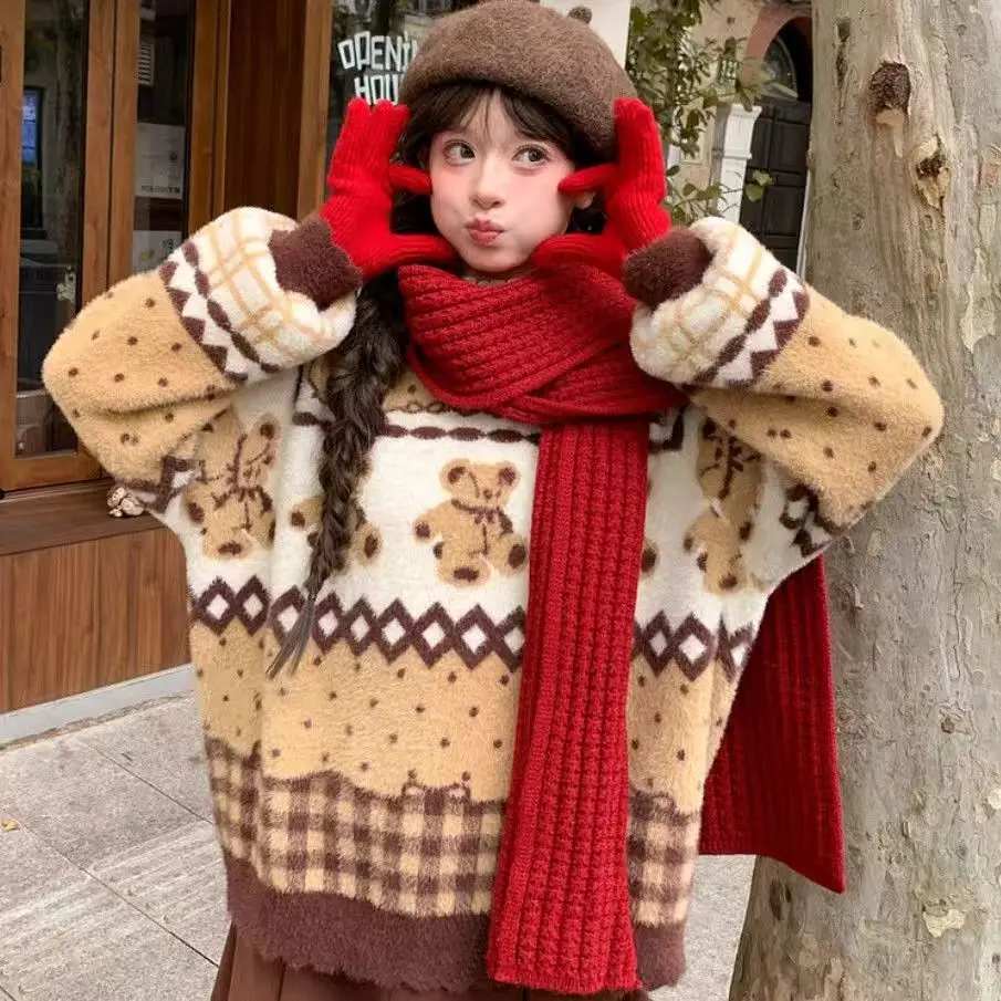 

Жаккардовый кашемировый свитер с американским медведем, женский винтажный свободный вязаный джемпер с длинными рукавами, пуловер в консервативном стиле с круглым вырезом в стиле ретро, новинка