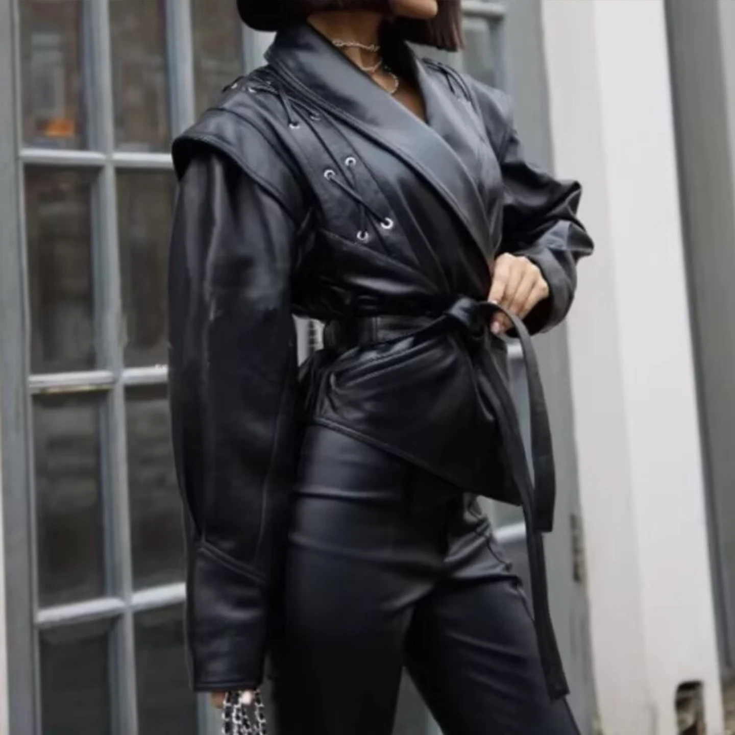 Ele Retro Leather Jaet Women's Faion Personali Aosphere Autumn New Arrival ort Outerwear Casual Sle Z