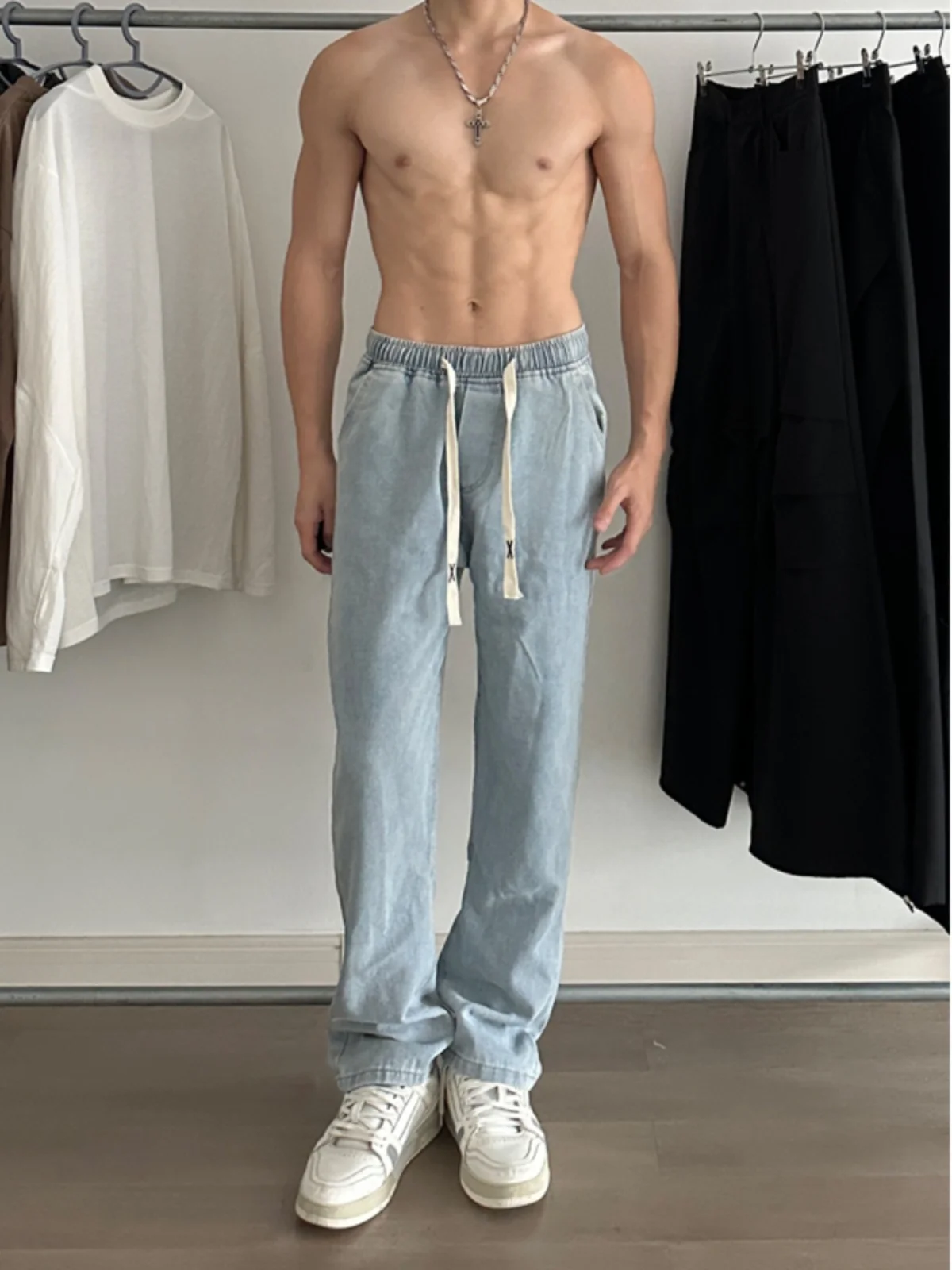 

Универсальные светло-голубые мужские джинсы с прямыми штанинами в американском стиле, повседневные длинные брюки с высокой талией, застежка-молния, молодежная трендовая зимняя одежда
