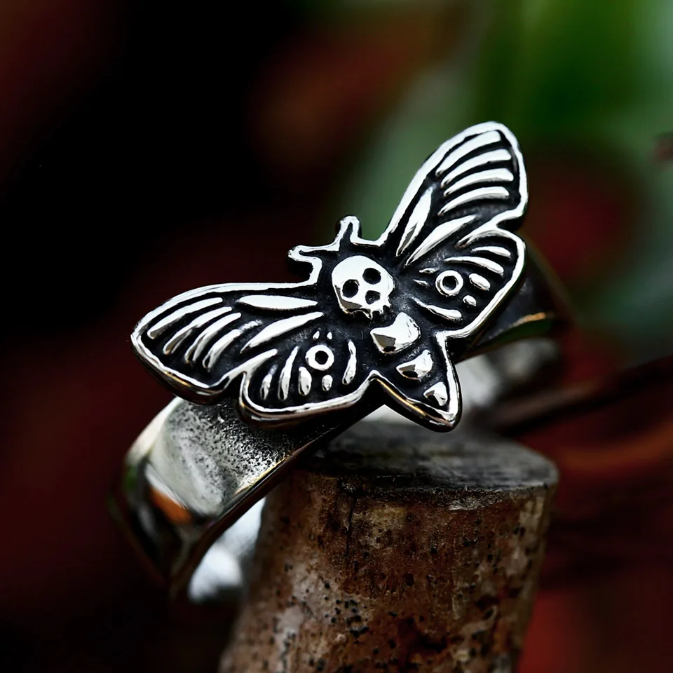 BEIER 2023 New Style Stainless Steel Skull Moth Ring Acherontia Lachesis Ring Punk Biker Women\'s Ring Girl Jewelry Party Gift