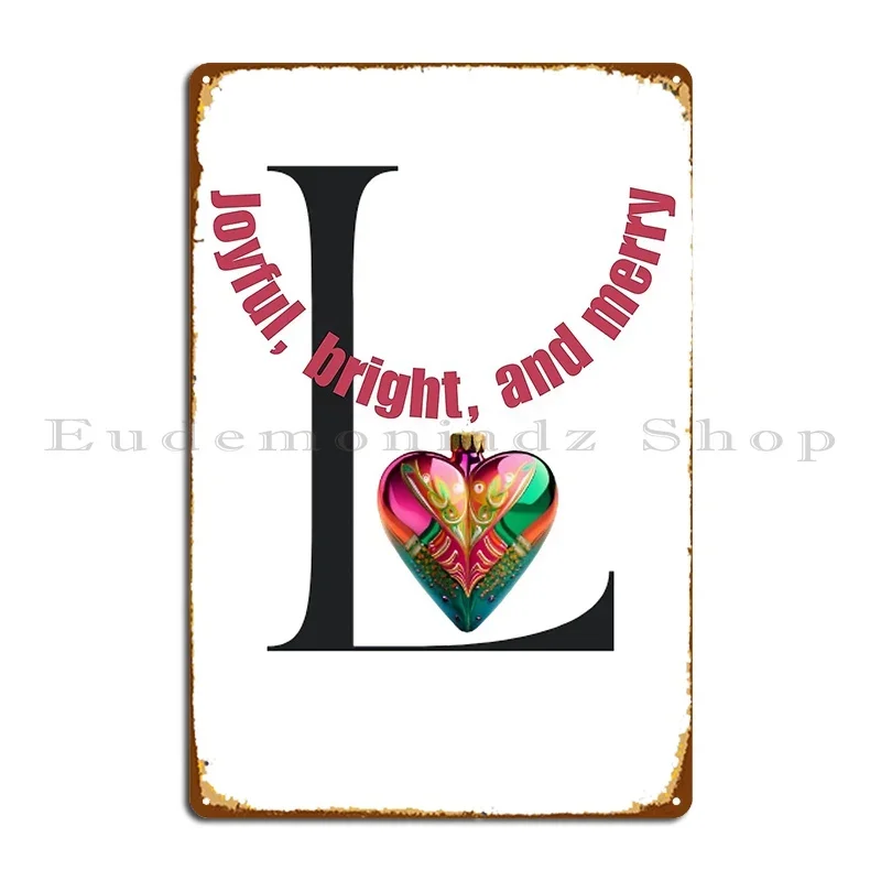 Alphabet Monogram Black Letter L Retro Heart Shape Ornament Joyful Bright And Merry Metal Sign Wall Cave Tin Sign Poster