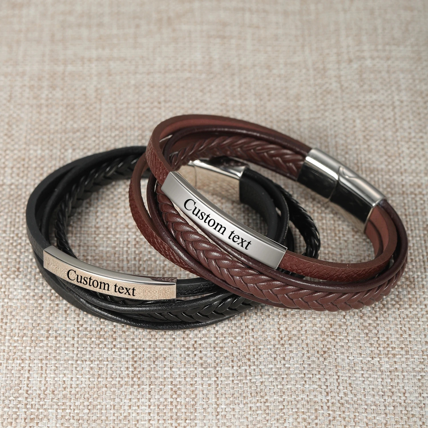 

Customize EngraveName Leather Bracelets for Men Glossy Stainless Steel Layered Braided Bangle Personalized DAD Husband Christmas