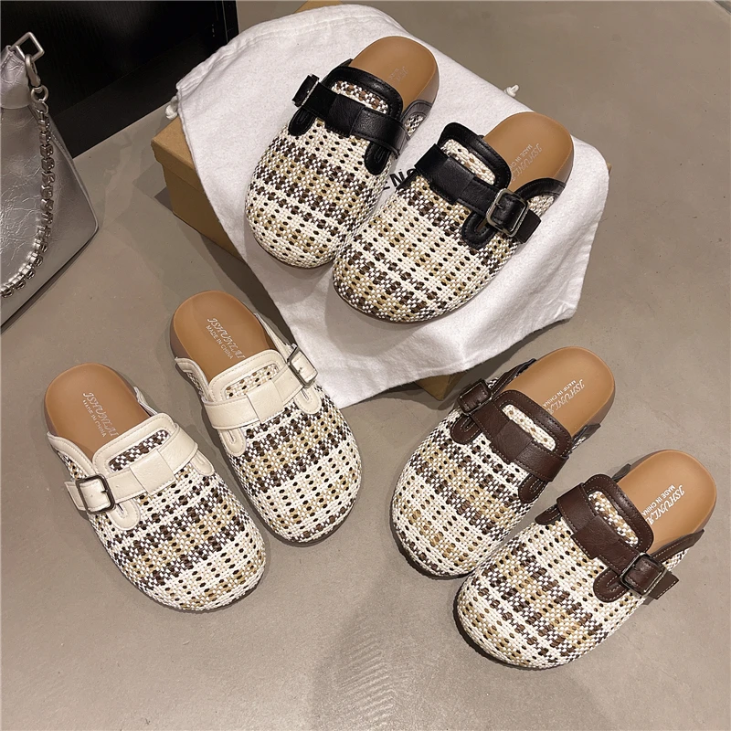 

Women's Woven Closed Toe Mule Slides –Breathable Mesh Buckle Strap Flat Sandals Retro Casual Comfort Loafers for Summer & Indoor