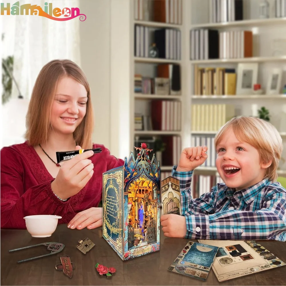 Hamaileon DIY Book Nook Kit Shelf Insert Miniature 3D Wooden Puzzle Bookshelf Dollhouse Bookend Toys（Twilight Castle）