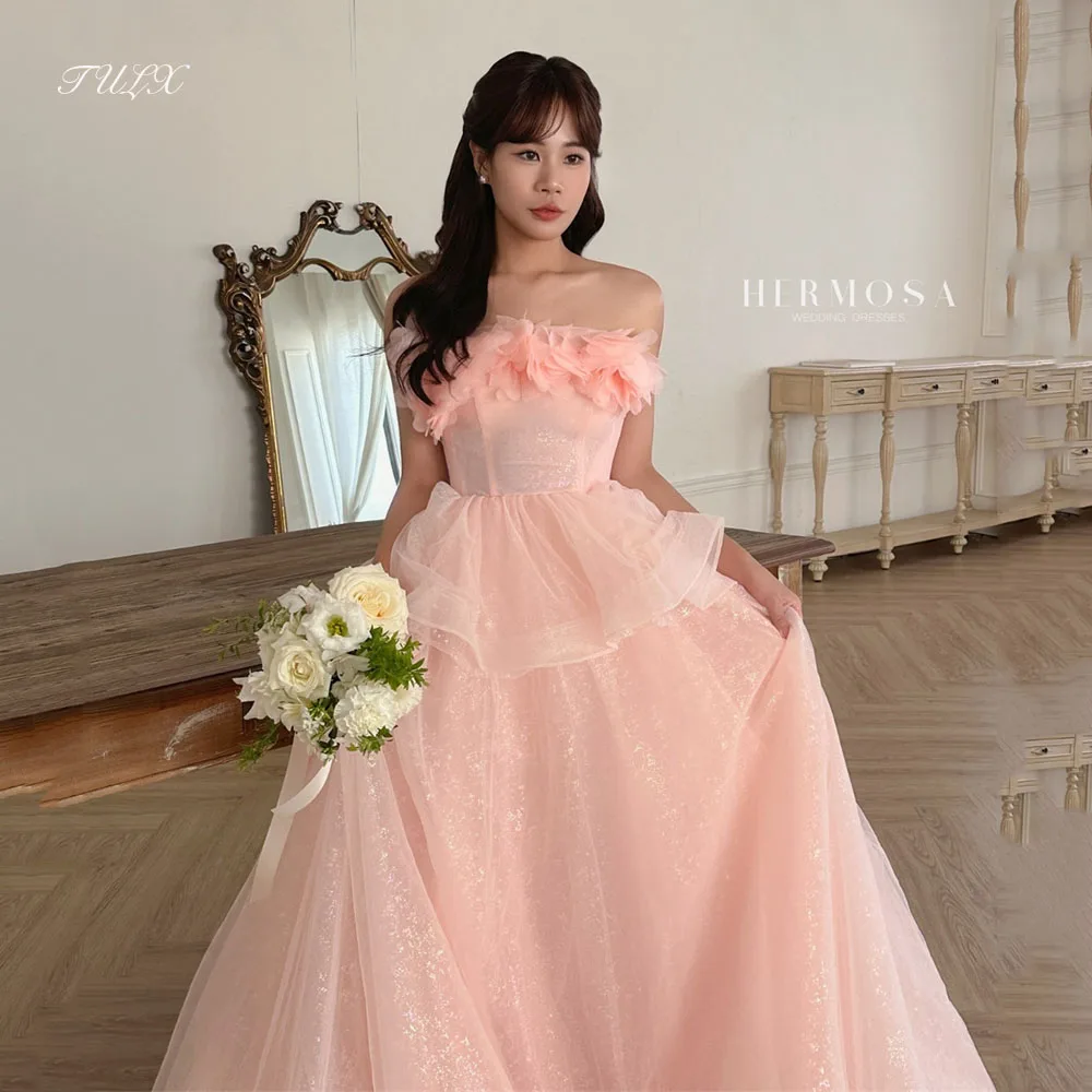 TULX Feenhaftes rosa glitzerndes Abendkleid Korea Fotoshooting Trägerloses Tüll-Hochzeitskleid Langes abgestuftes Korsettkleid Maßgeschneidert