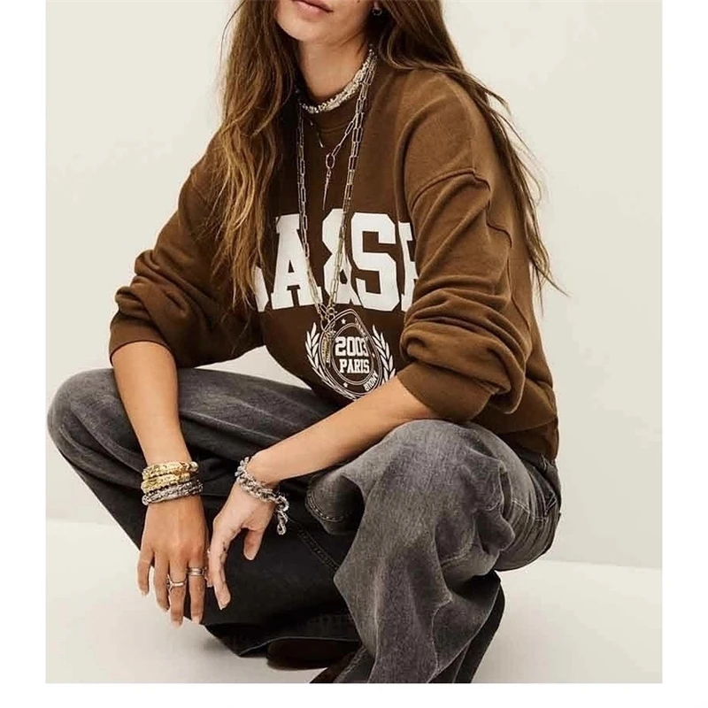 المرأة رقيقة جولة الرقبة البلوز الرجعية إلكتروني مطبوعة فضفاضة تناسب البلوز الخريف عارضة الشارع للنساء والمراهقين دافئ خمر #3