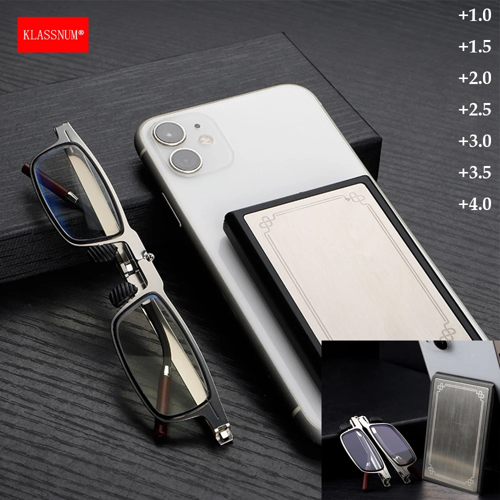 KLASSNUM KLASSNUM Men Metal Small Square Plus Magnifying Glasses Foldable Reading Glasses with Case Presbyopic Glasses Phone Stand+1.5+1 - Aliexpress Deal