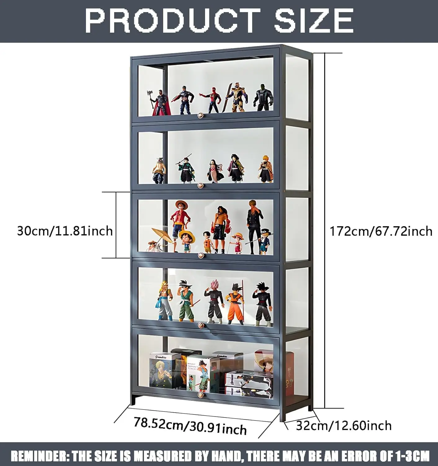 5-Tier Display Cabinet with Acrylic Doors, 67” Transparent Bamboo Curio Display Case for Figures, Display Shelves for Collectibl