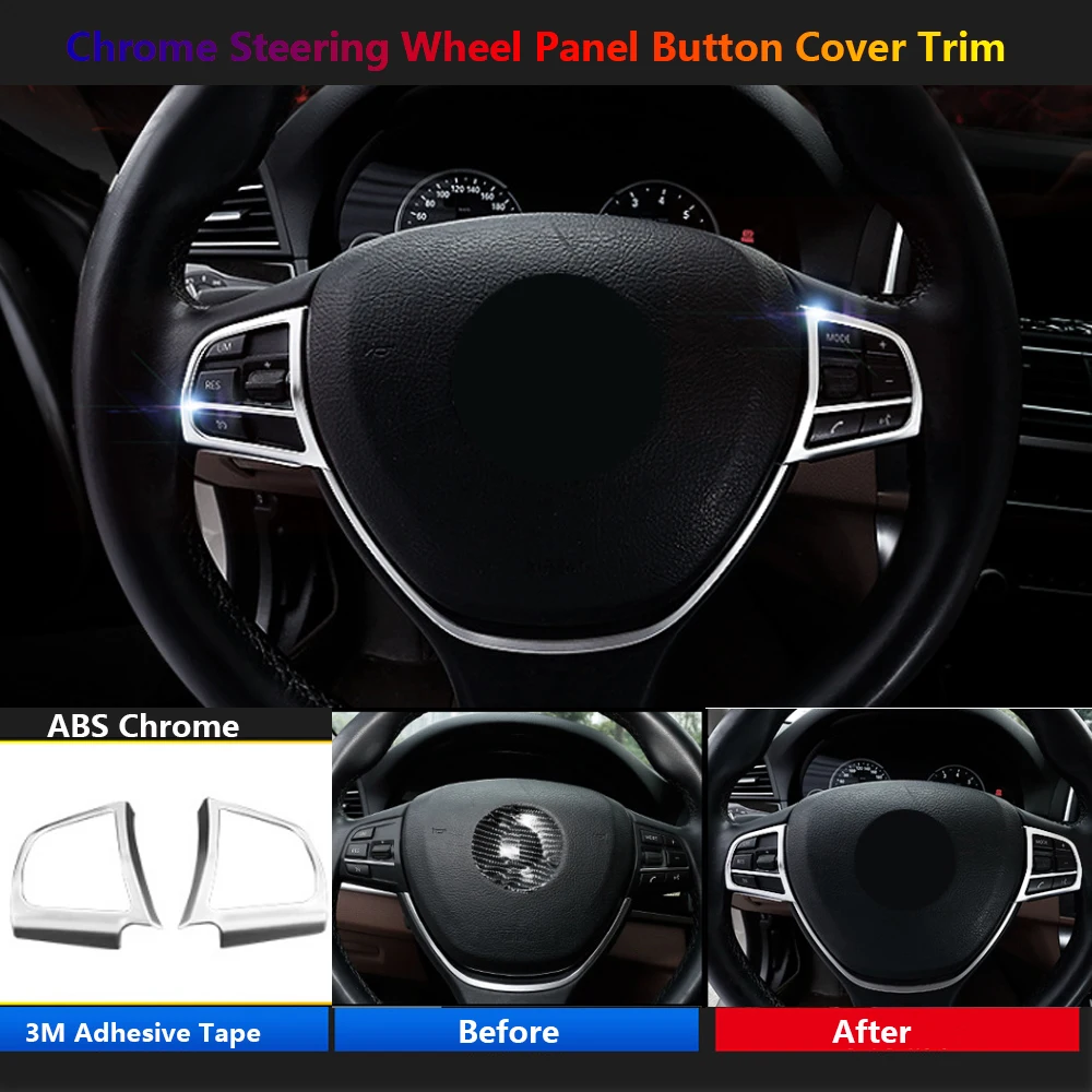 2 x Chrome Car Steering Wheel Switch Button Frame Cover Trims For BMW 5 GT 7 F10 F07 F01 F02 Auto Interior Stickers Accessories