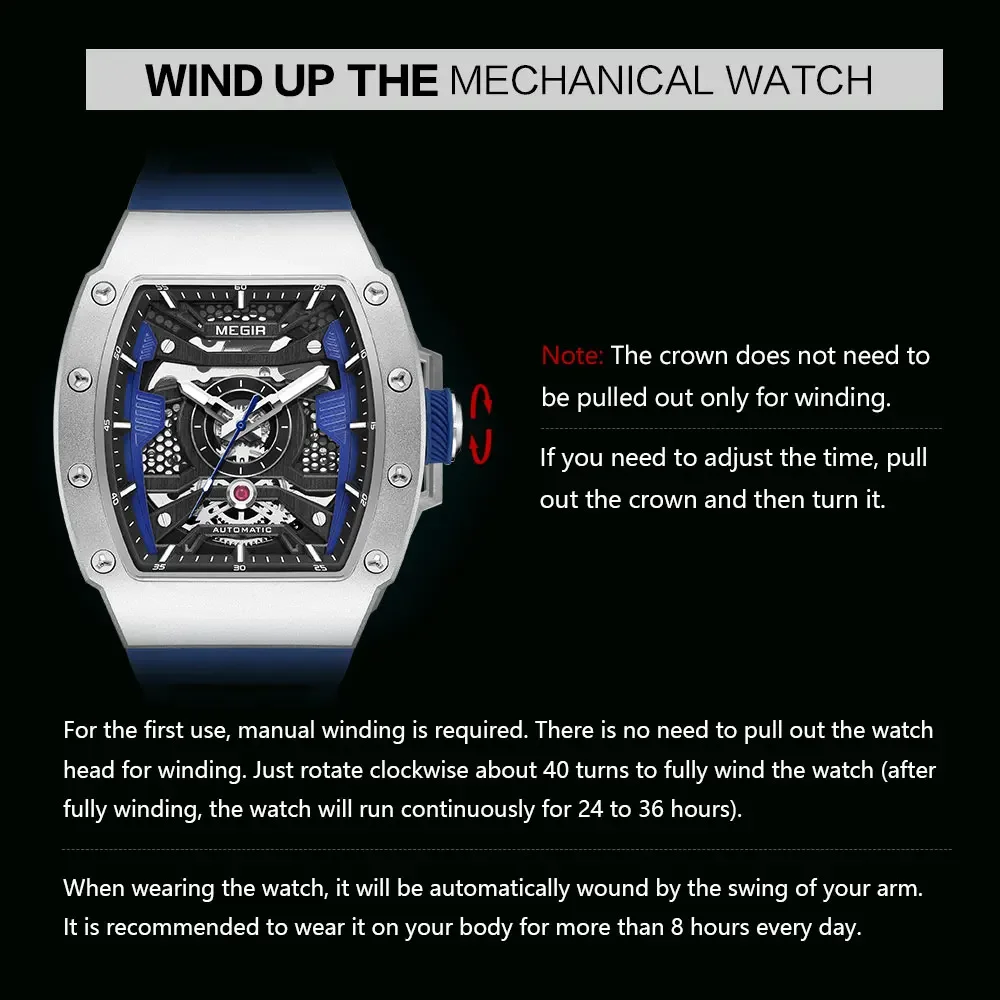 MEGIR 8604 Men's Wine Barrel Automatic Mechanical Watch Fashion and Leisure Silicone Strap Fashion Night Light Watches for Man