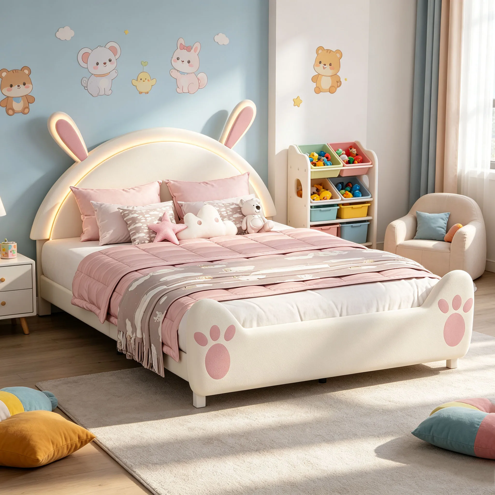 Superaly, struttura letto imbottita 140x200 cm, testiera con orecchie da coniglio a tema cartone animato, letto matrimoniale per adulti e adolescenti, per supporto a doghe in legno, mobili per la