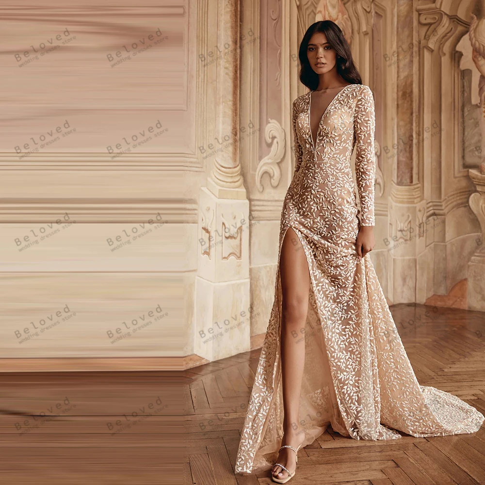 

Винтажные женские свадебные платья, элегантные свадебные наряды с кружевными аппликациями, длинными рукавами, глубоким V-образным вырезом, Vestidos De Novia, индивидуальный пошив, 2026