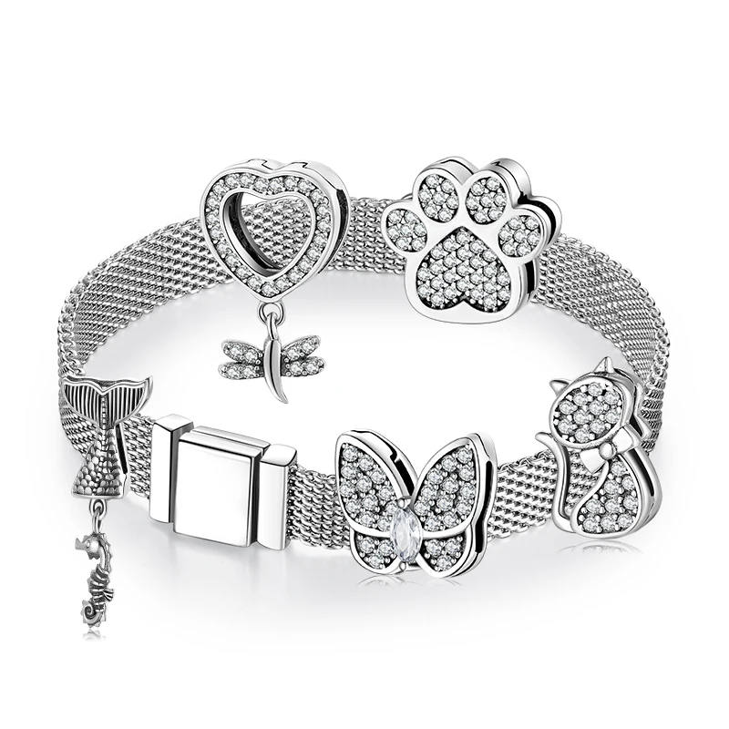 Hot 925 Sterling Silver Sparkling Charms CZ Flower Hearts Clip Beads Fit Women Reflection Charm Bracelet Bead Jewelry Making