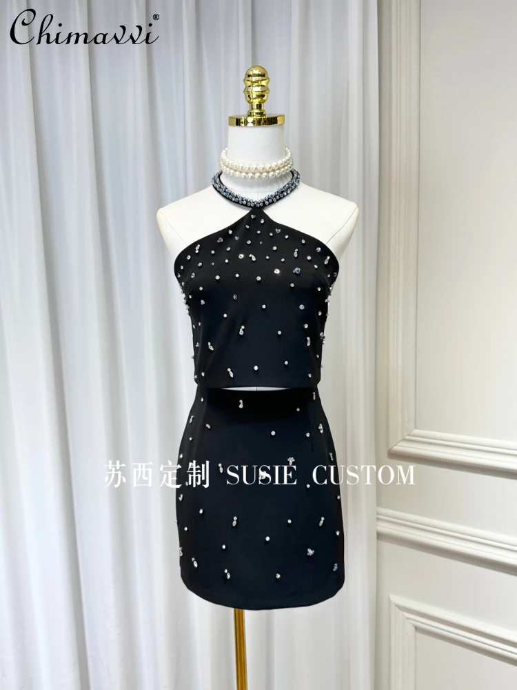 

French Sexy Socialite Luxury Beaded Rhinestone Halter Off Shoulder Short Top High Waist Slim Sheath Skirts Two Piece Sets Women