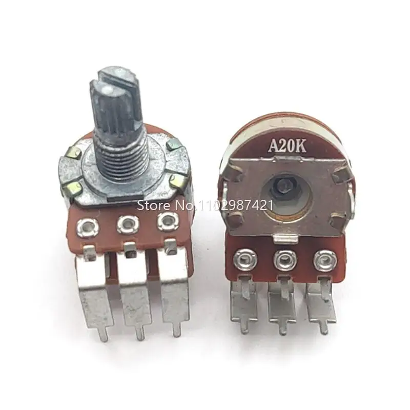 Potenciômetro giratório do pé dobado dobro, amplificador audio, potenciômetro do volume, eixo 6Pin, 15mm, 16 tipo, A20K, 1 parte