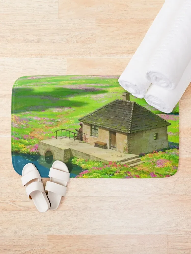 Anime Green meadow with flowers Scenery Bath Mat Floors Absorbent Carpet For Bathroom Mat