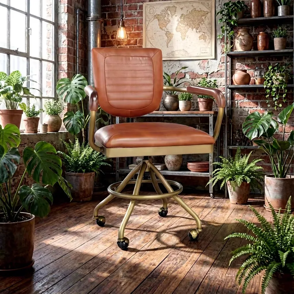 Vintage Gold Metal Base Luxury Swivel Wheeled Office Chair
