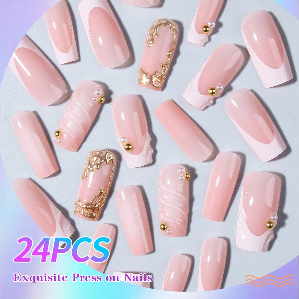 24 pieces per set. Rectangular 3D gel flower white gradient style pressed nails. Ideal for spring and summer manicures. view 3