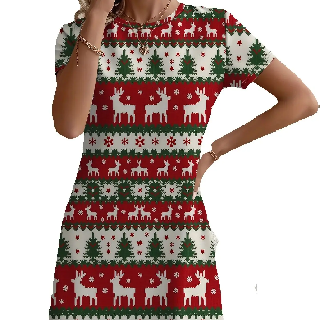 여성용 크리스마스 순록 눈송이 프린트 반소매 드레스 레드 그린 홀리데이 파티 드레스 화이트 칼라 Y2k 축제 드레스