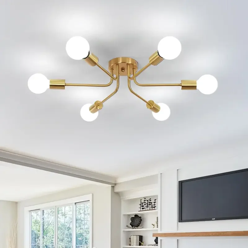 تركيبات إضاءة السقف الصناعية لمنتصف القرن، ثريا سبوتنيك ذهبية مكونة من 6 أضواء لغرفة الطعام والمطبخ Liv