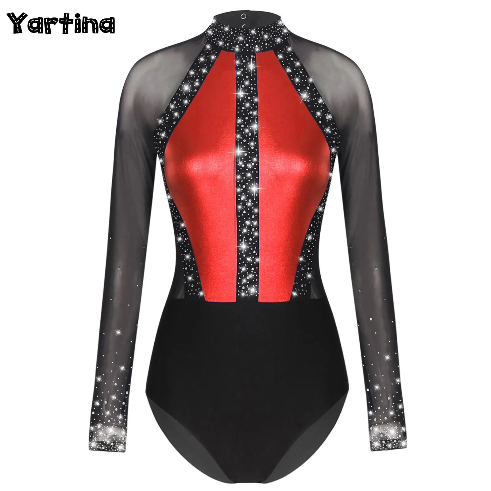 

Women Sparkly Rhinestones Gymnastics Ballet Jersey Leotard Sheer Mesh Bodysuit Jumpsuit Figure Skating Dance Performance Costume