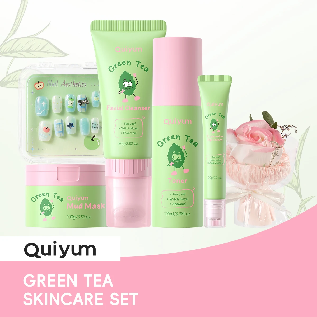 Set de Regalo para el Cuidado de la Piel con Control de Grasa de Té Verde QUIYUM, Limpiador, Tónico, Mascarilla de Barro, Crema para Ojos con Flor de Jabón, Uñas Postizas, Kit de Spa Facial