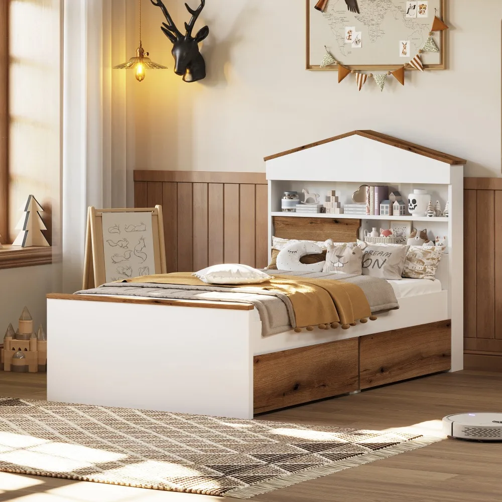 Twin Size House-Shaped Wooden Bed with Storage Shelf on the Headboard, Built-in Two Storage Drawers