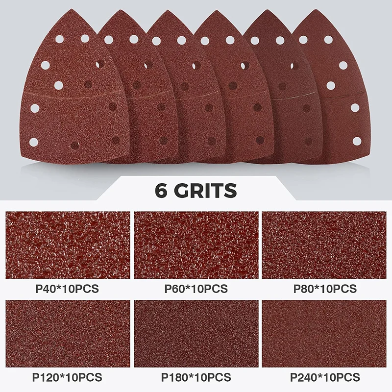 60PCS Mouse Sander Sandpaper 11 Holes Detail Sander Sandpaper Palm Sander Paper Hook and Loop Sander Pads Triangular Sanding - view 5