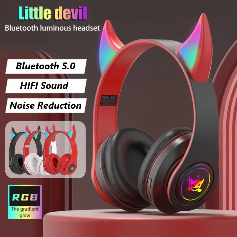 Devil Ear Bluetooth Headphones With Microphone Stereo Music RGB Flashing for Cell Phones Pc Gamer Gaming Headset Kids Boys Gift