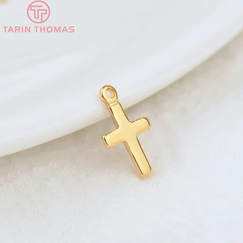 (1213)20PCS 6x10MM Hole 0.5MM 24K Gold Color Brass Cross Charm Pendants for DIY Jewelry Making Findings Accessories