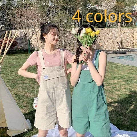 

4 Colors Playsuits Women Friends Wide Leg Pockets Korean Style Kawaii College Students Female Ulzzang All-match Young Ladies Ins