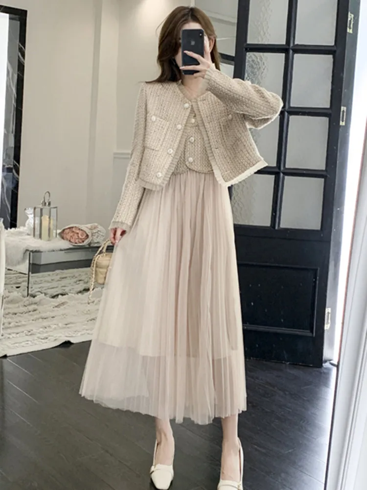 New Spaghetti Strap Woolen Patchwork Mesh Tulles Midi Dress Two Piece Set Women's Outfits Short Tweed Jacket Coat 2 Pieces Set